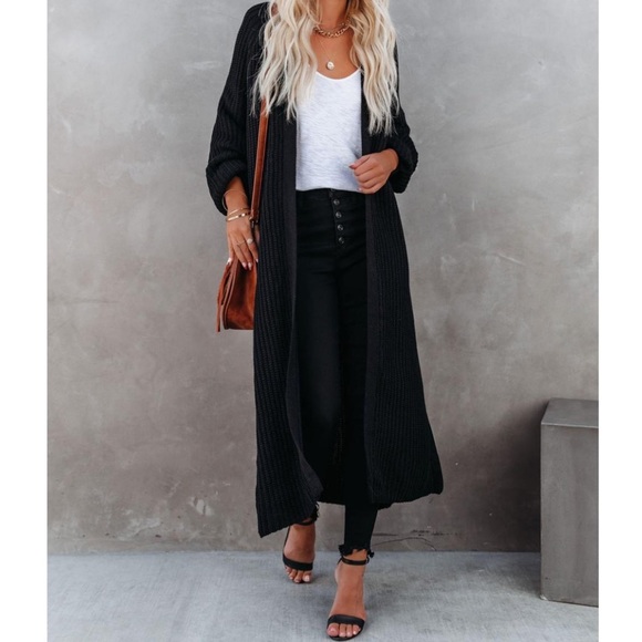 Vici Sweaters - Vici Your Own World Chunk Knit Long Duster Cardigan Black Ribbed Size Small